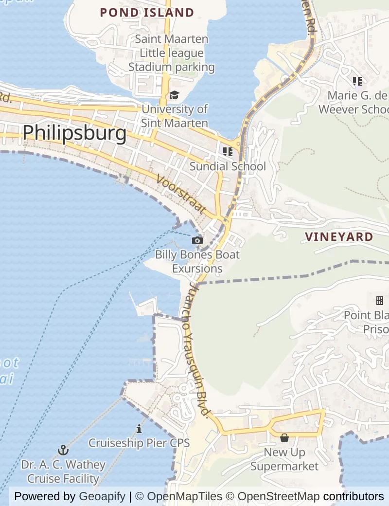 Street map of St Maarten, about half an hour's walk from side to side, with the cruise berth on it.
