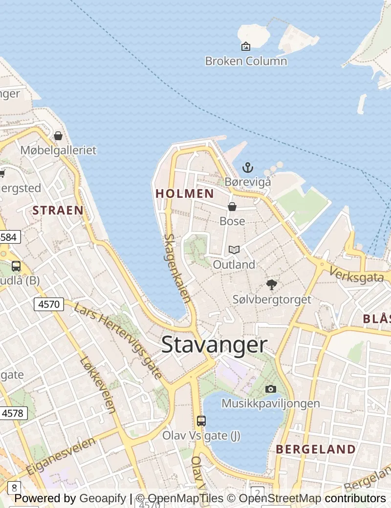 Street map of Stavanger, about half an hour's walk from side to side, with the cruise berth on it.