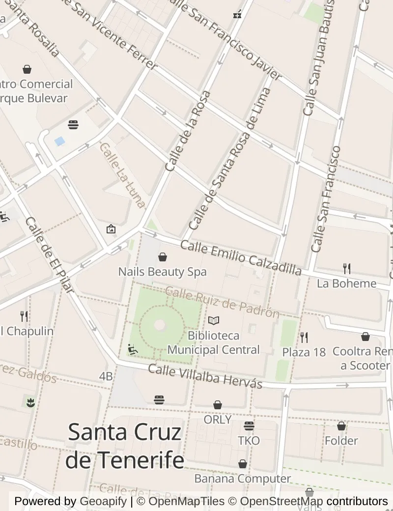 Closer street map of Tenerife, about ten minutes' walk from side to side, showing the streets and what is on them.