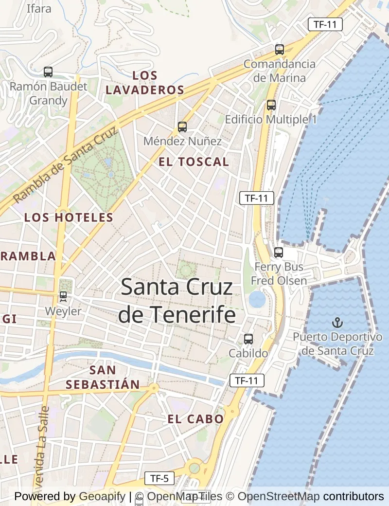 Street map of Tenerife, about half an hour's walk from side to side, with the cruise berth on it.