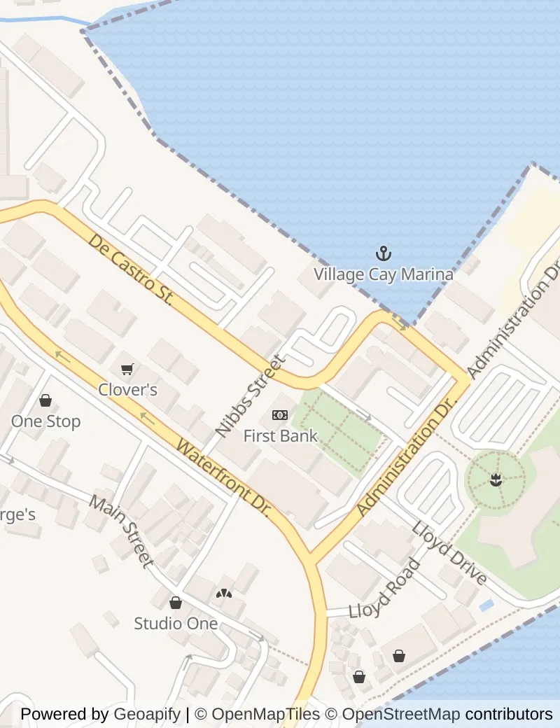 Closer street map of Tortola, about ten minutes' walk from side to side, showing the streets and what is on them.