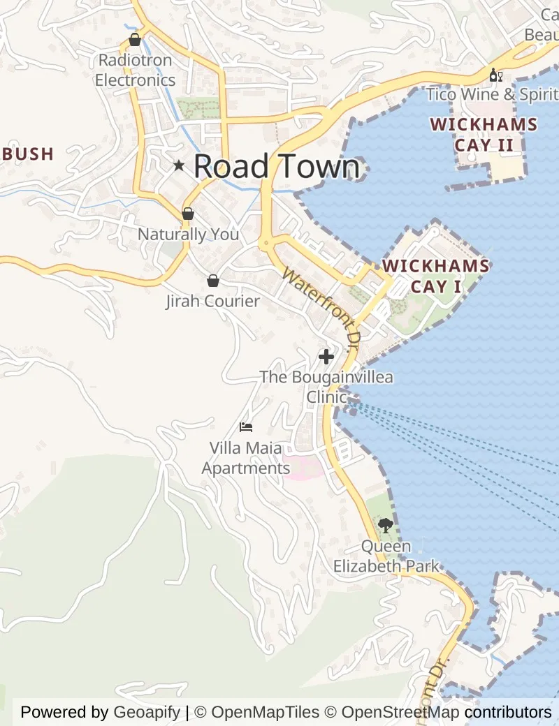 Street map of Tortola, about half an hour's walk from side to side, with the cruise berth on it.