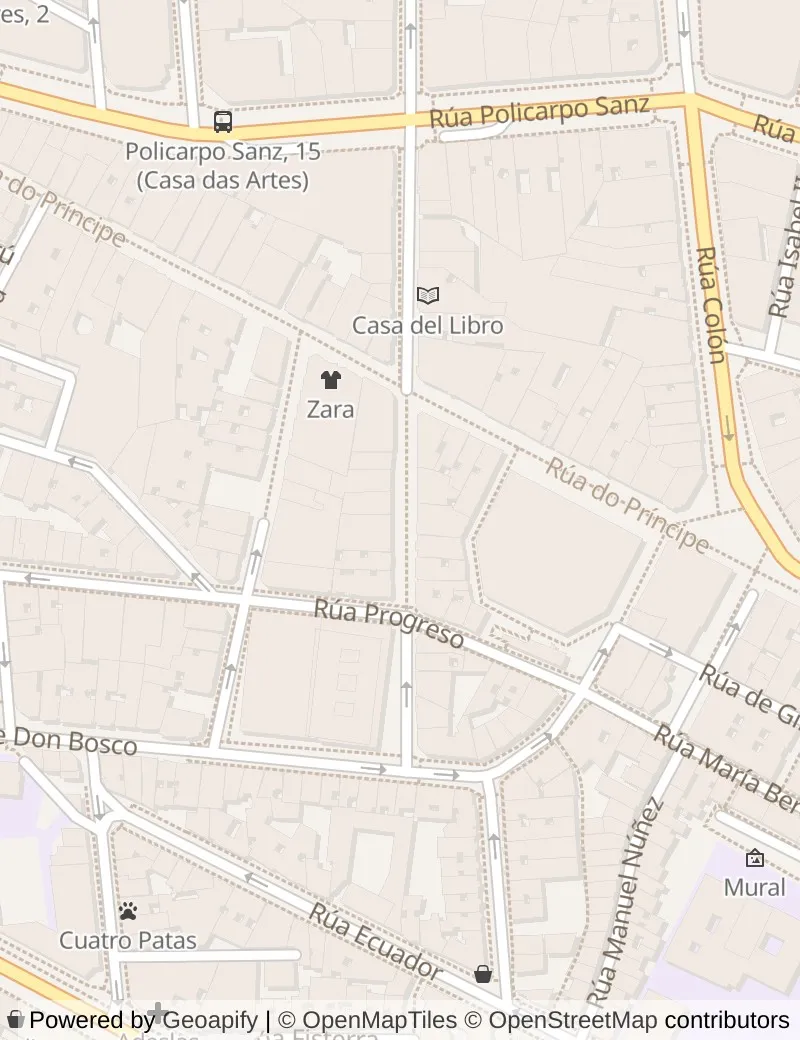 Closer street map of Vigo, about ten minutes' walk from side to side, showing the streets and what is on them.