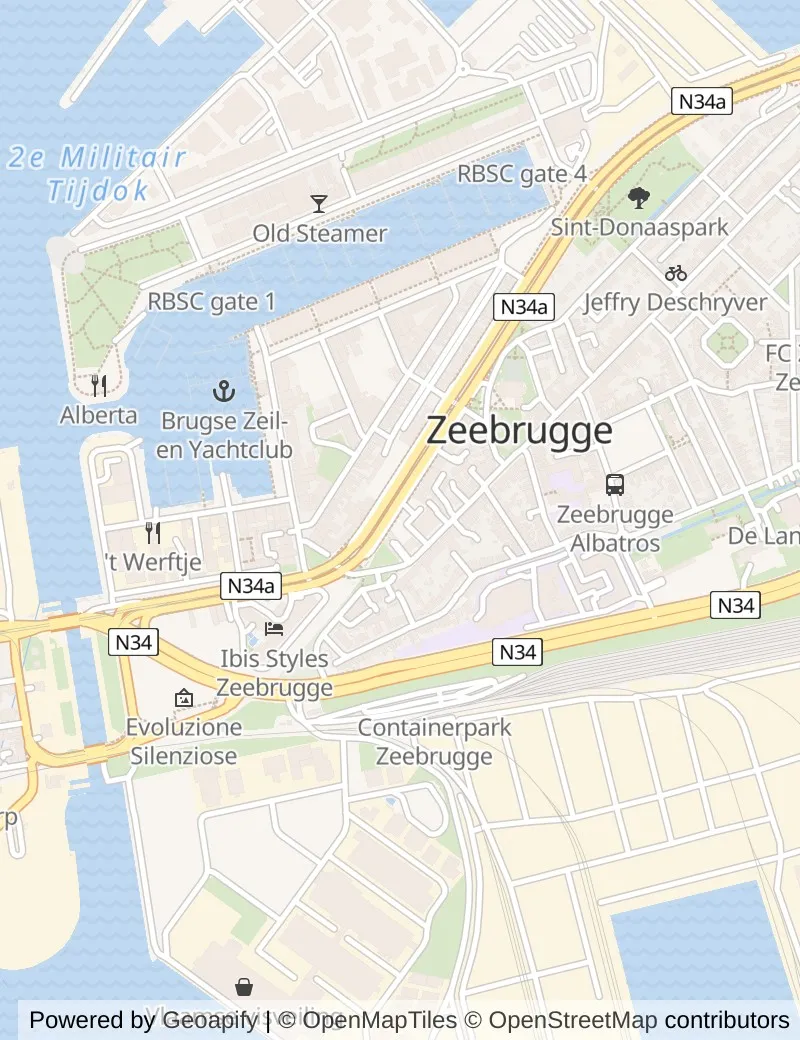 Street map of Zeebrugge (for Bruges), about half an hour's walk from side to side, with the cruise berth on it.