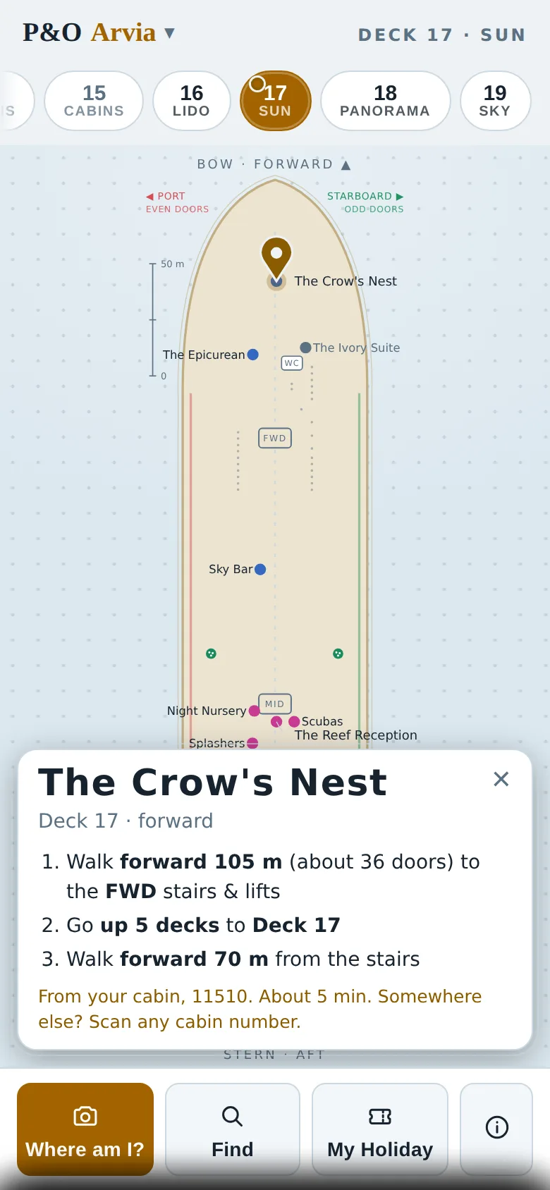A phone showing deck 17 of Arvia on the map. The Crow's Nest is pinned at the forward end, and the card below lists three steps: walk forward 105 m, about 36 doors, to the FWD stairs and lifts; go up 5 decks to deck 17; walk forward 70 m from the stairs.