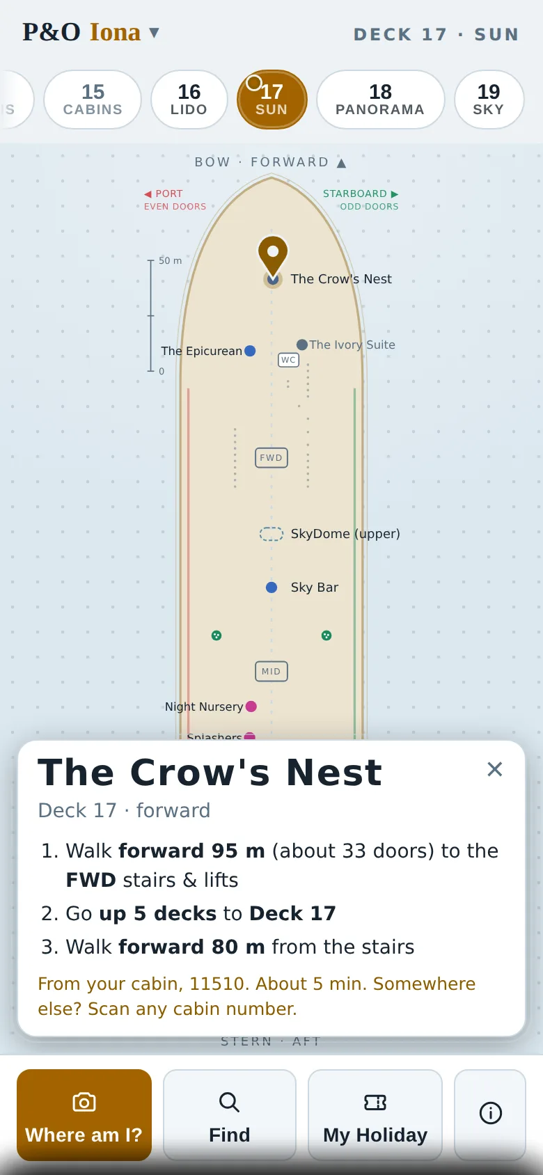 The deck map on a phone, with the walk to the Crow's Nest laid out in three steps.