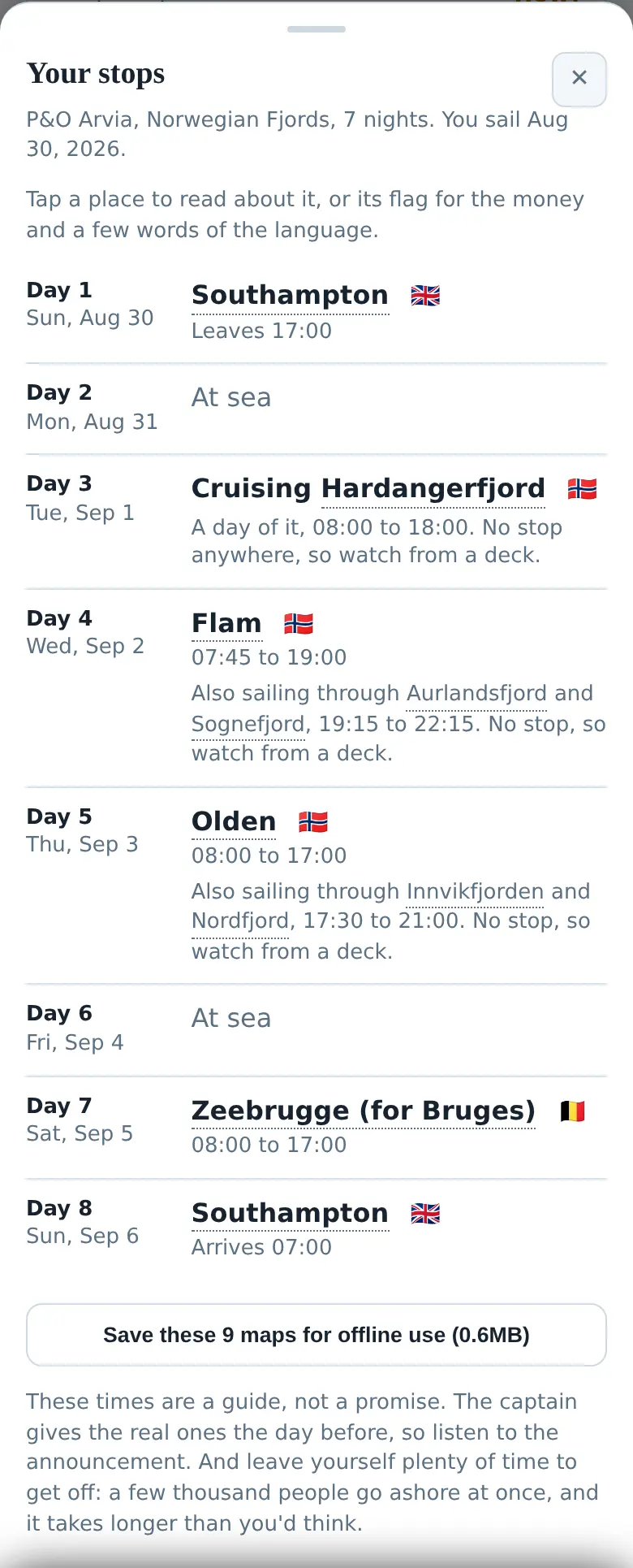 Your stops on a phone: P&O Arvia, Norwegian Fjords, seven nights, sailing 30 August 2026. Eight days are listed, from leaving Southampton at 17:00 to arriving back at 07:00, with a day cruising Hardangerfjord, then Flam, Olden and Zeebrugge, and the hours ashore beside each one.